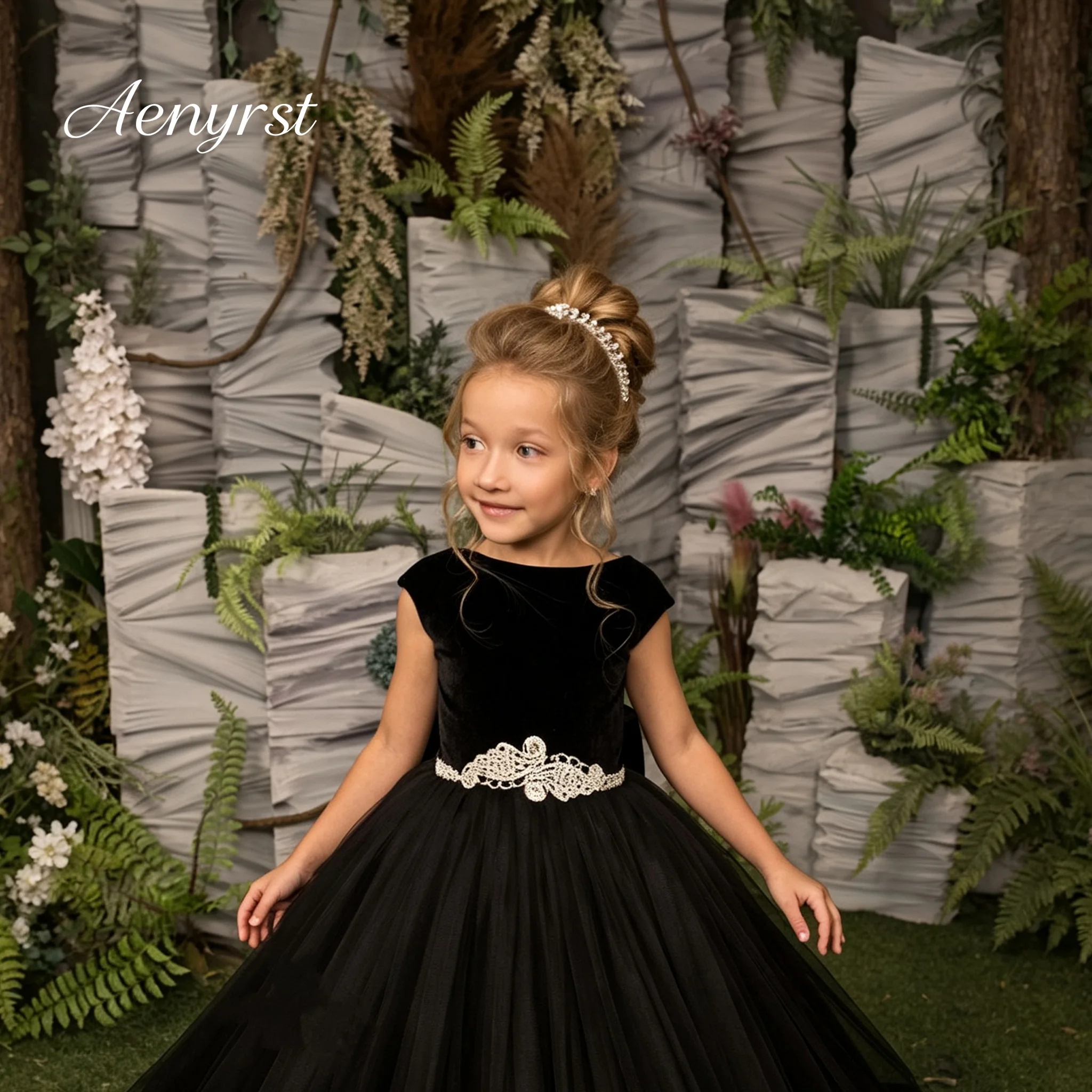 t Black Girls Pageant Formal Gown Cap Sleeve Velvet Bodice White Lace Waist Ornament Multi‑Layer Tulle Party Dress