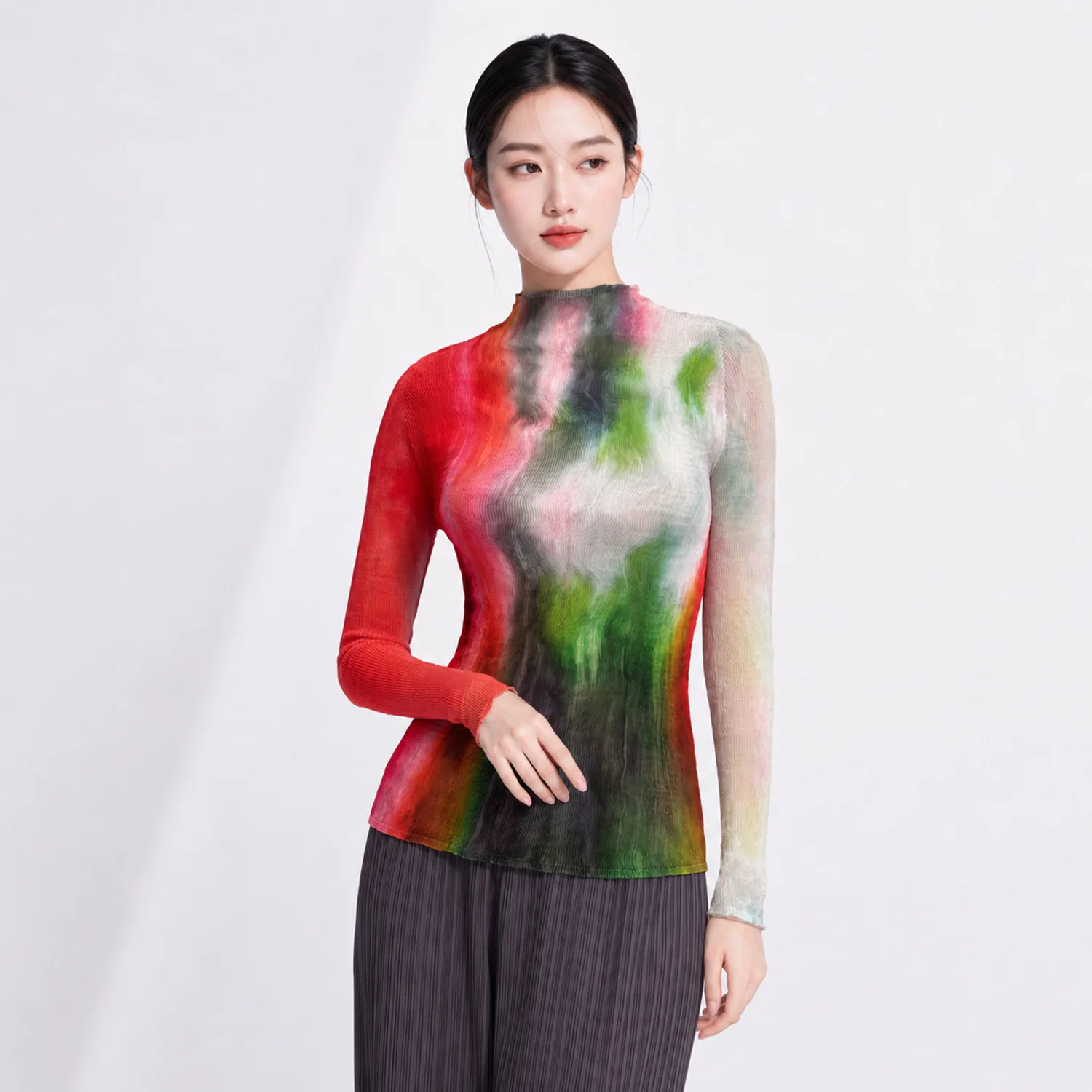 Miyake Pleated Quality Top with Faded Gradient High Elastic Half-turtle Collar Textured Tie-dye Long-sleeved Versatile T-shirt