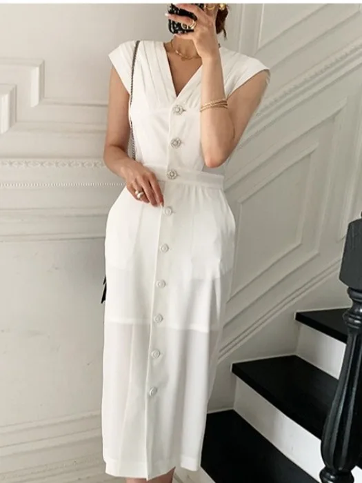 Ele Chic Vintage Single-Button V-Ne Plissee Svel Dr Damen Hohe Taille A-Linie Lang Dr Pendeln Sle