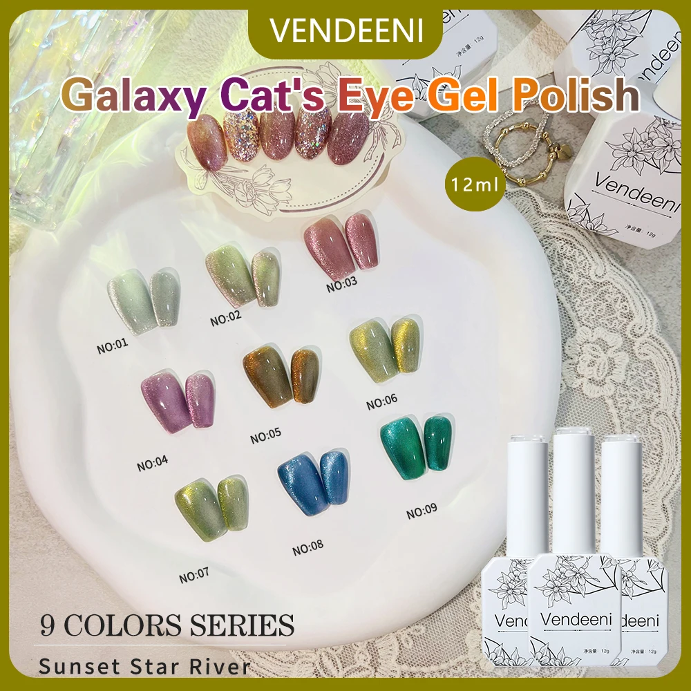 

Vendeeni 12ml Glitter Crystal Cat Eye Nail Gel Polish Soak Off UV LED Emerald Broken Diamond Magnetic Gel Nail Varnish 9 Colors