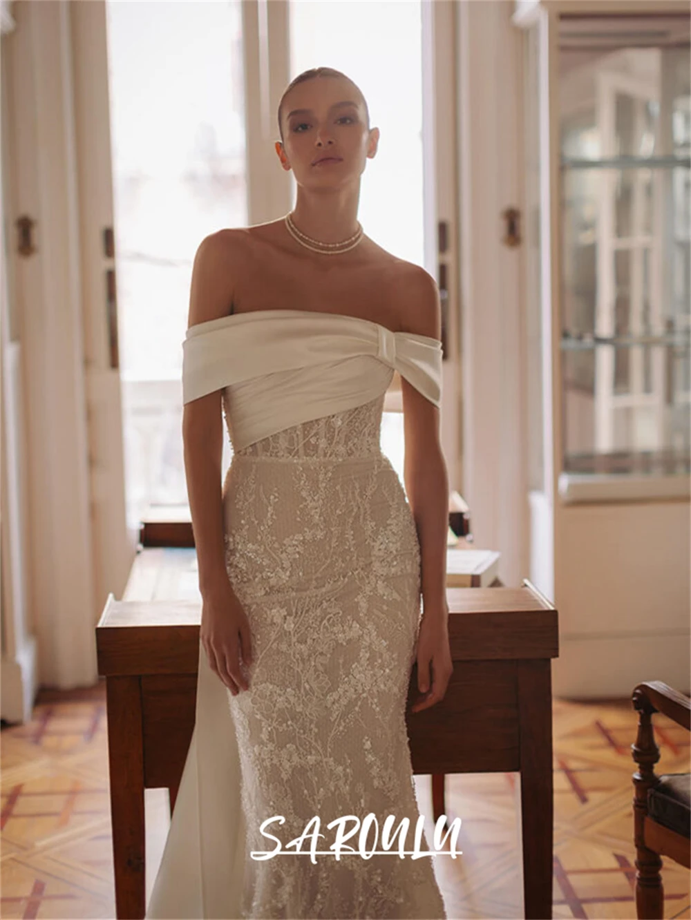 

Classic Lace Mermaid Long Bride Dresses with Satin Off Shoulder Sleeves Romantic Wedding Bridal Gown Custom Make Charming