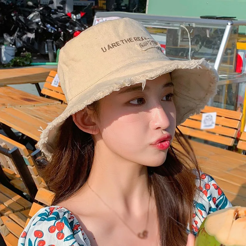 Female Fisherman\'s Hat Canvas Sunshade Letter Patch Tassel Caps for Women Fashion Solid Color Hat for Vacation