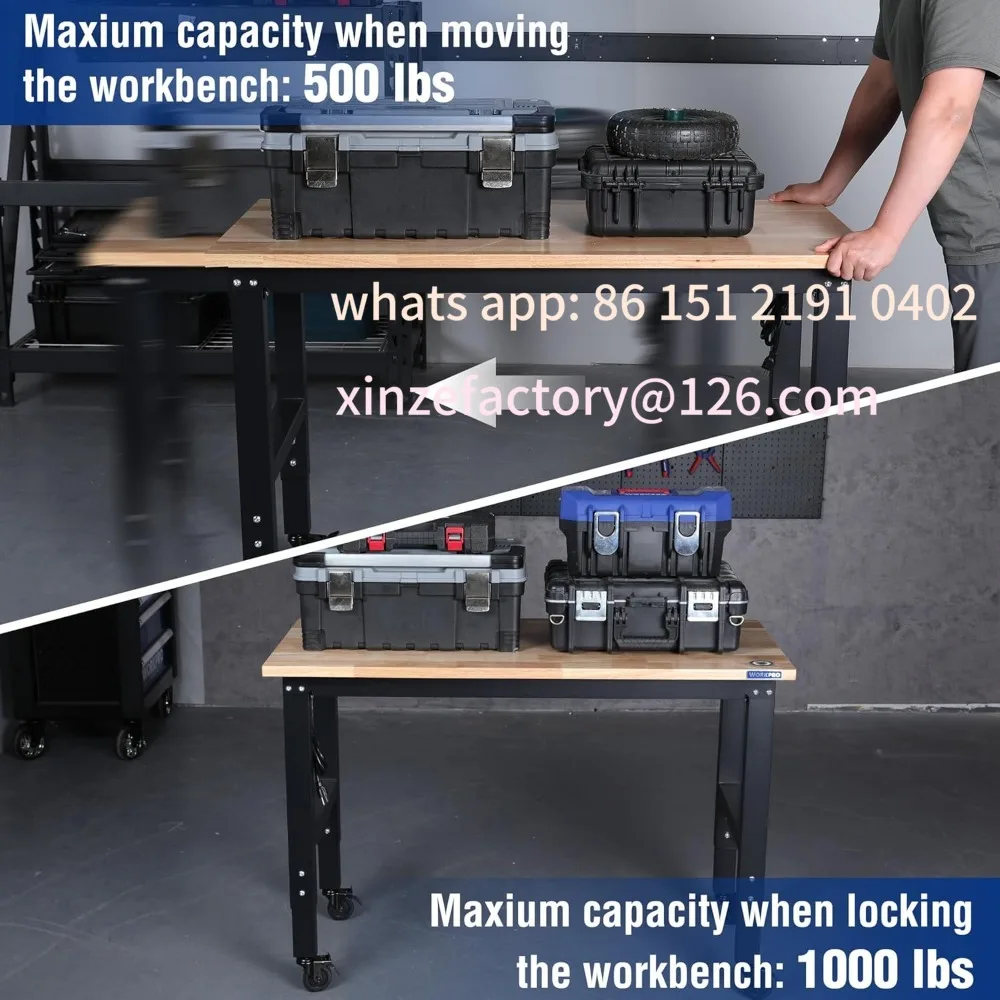 

Customizable Wood Top Workstation with Power Outlets，Garage Workbench, Adjustable Workbench with Wheel