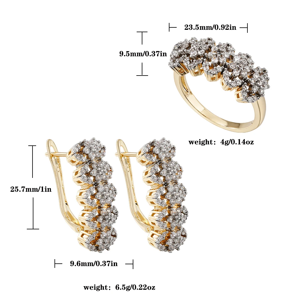 Clustered row zircon earrings and rings set copper plated 14K two-color gold banquet wedding accessories birthday gift