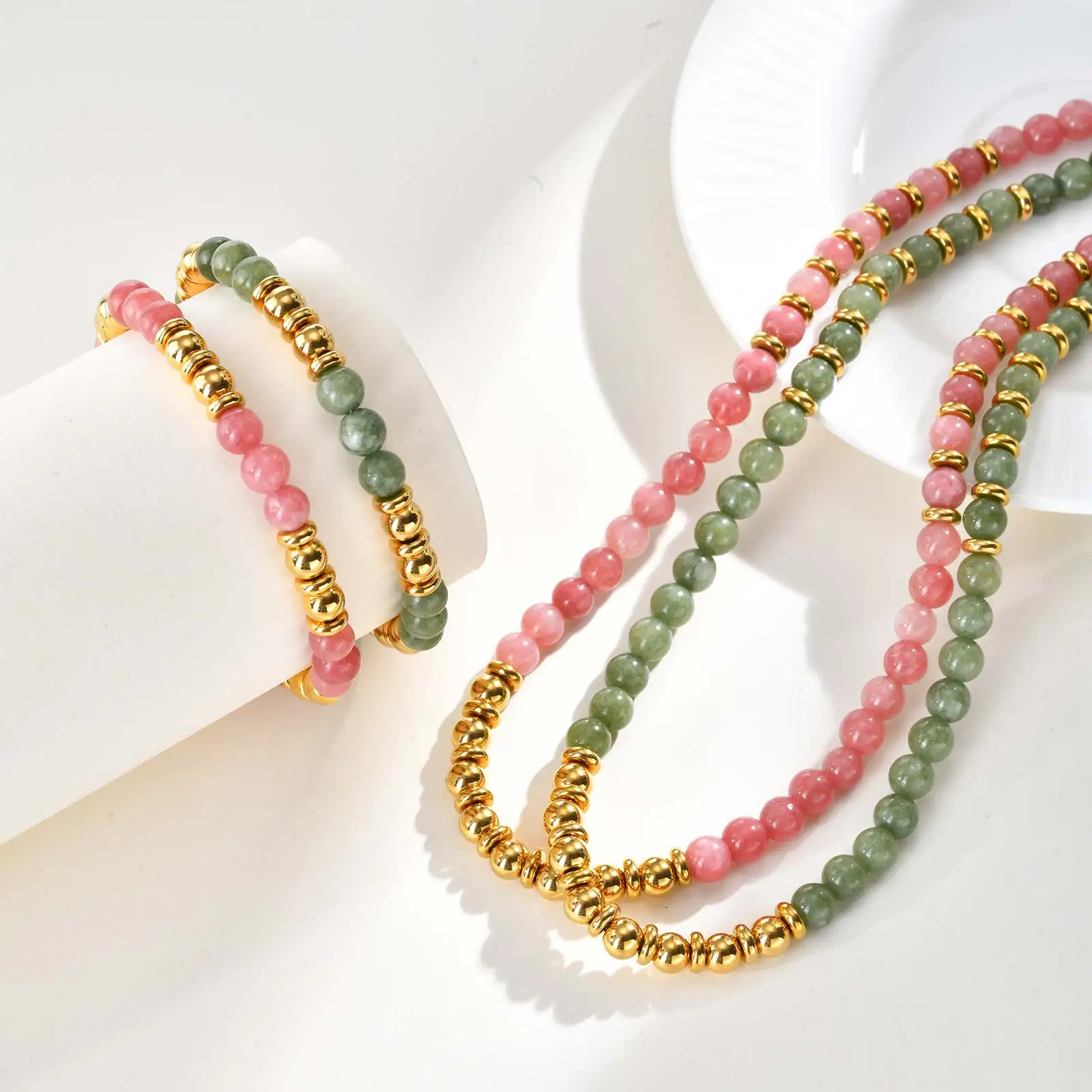 

Stainless Steel Pink/Green Crystal Bracelet for Women Girls,Gold Plated Bead Chain Bracelets,Bohemia Jewelry Gift