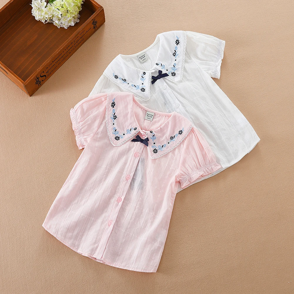 Girls Blouse Shirts Summer Short Sleeve Cotton Lovely Lace Causal White Tops Childrens High Quality Clothes