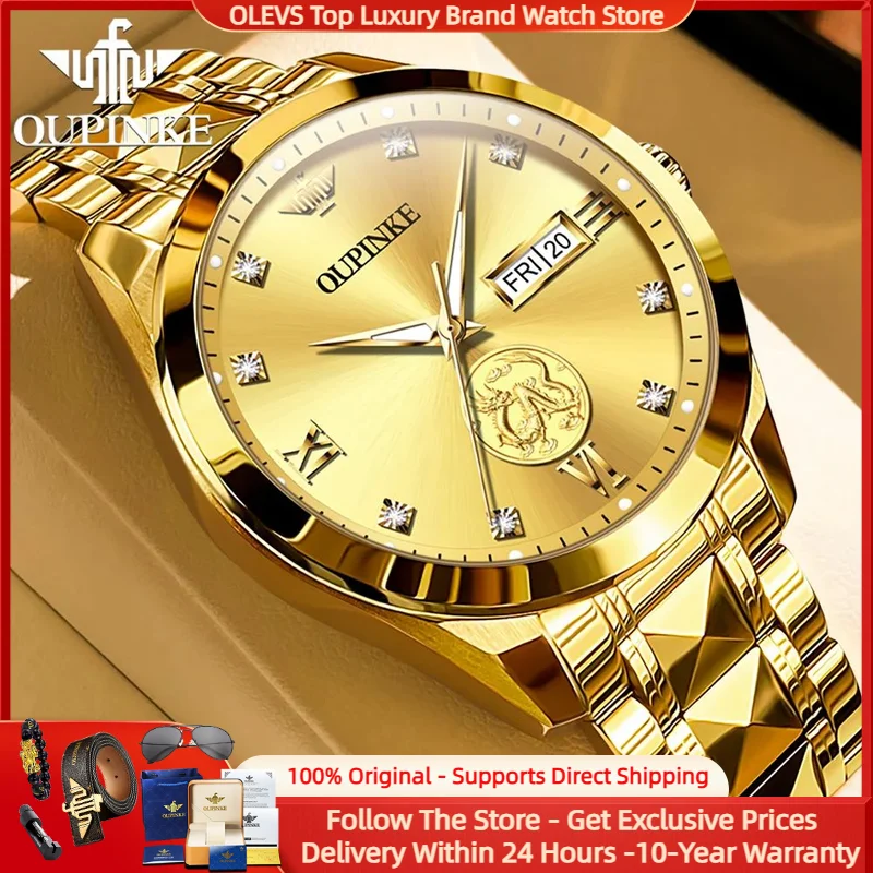 OUPINKE Luxury Brand Watch Men Real Gold Dragon Sculpture Japan Movement Luminous Waterproof Automatic Mechanical Man Wristwatch