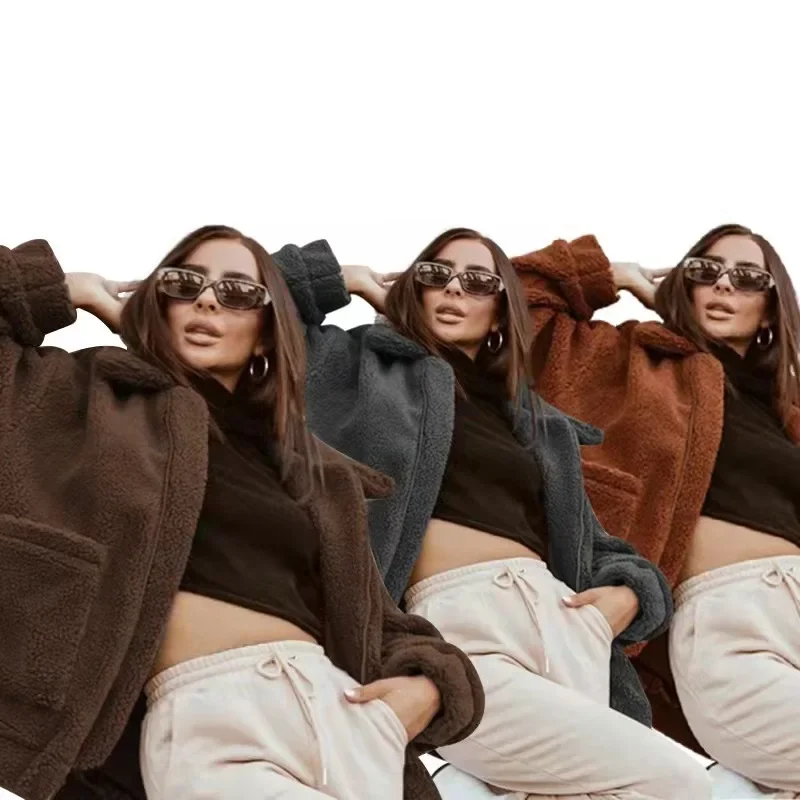 Women's Autumn and Winter Elegant Pocket Coat Leisure Plush Jacket Women's Fleece Cardigan Lapel Loose Solid Color Warm Coat