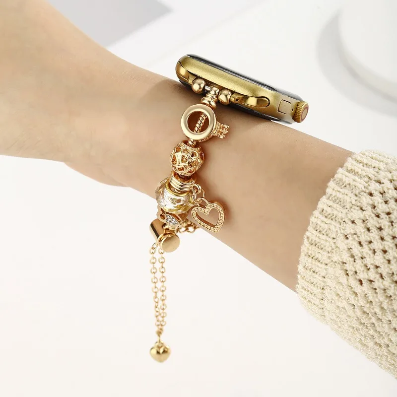 Gold Style Beaded Strap for Apple Watch 49 45 41 42 44mm Rhinestone Heart Bracelet for IWatch Series11 10 9 8 7 Ultra2 Wristband