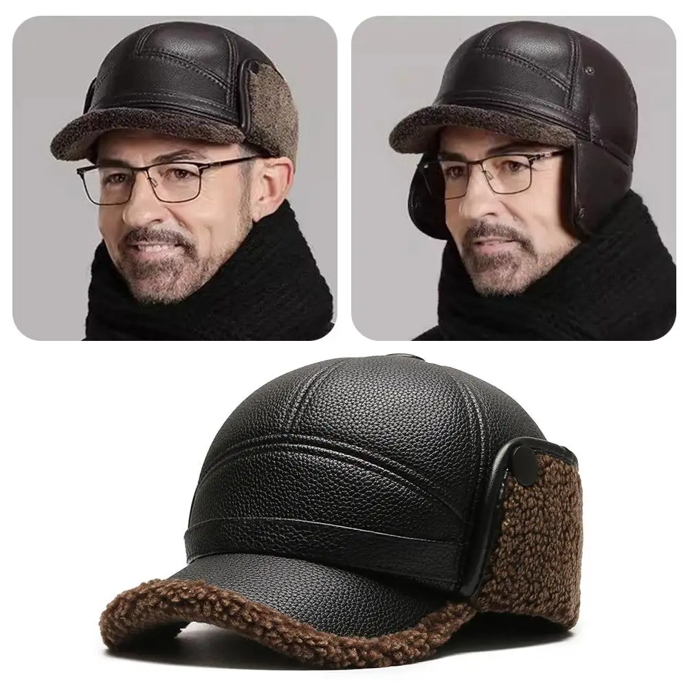  PU Leather Men Baseball Cap Winter Warm Hat for Middle-aged and Elderly Men Windproof Ear Protection Duck Tongue Cap
