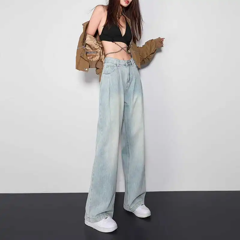 하이웨이스트 와이드 레그 블루 데님 진 여성용 초가을 2024 신상 루즈 드레이프 스트레이트 컷 플로어 길이 바지
