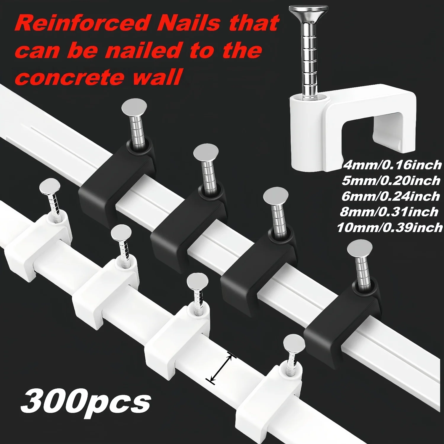 300pcs Cable Wire Clips with Steel Nails, 4/5/6/8/10mm Flat Square for Ethernet Cables Wall Clips, Internet Cords Cable Clamps