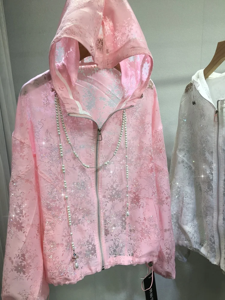 

Women's 2025 Summer New Sweet Girl Light Breathable Lace Long Sleeve Loose Coat Top Heavy Hot Diamond Sunscreen Shirt
