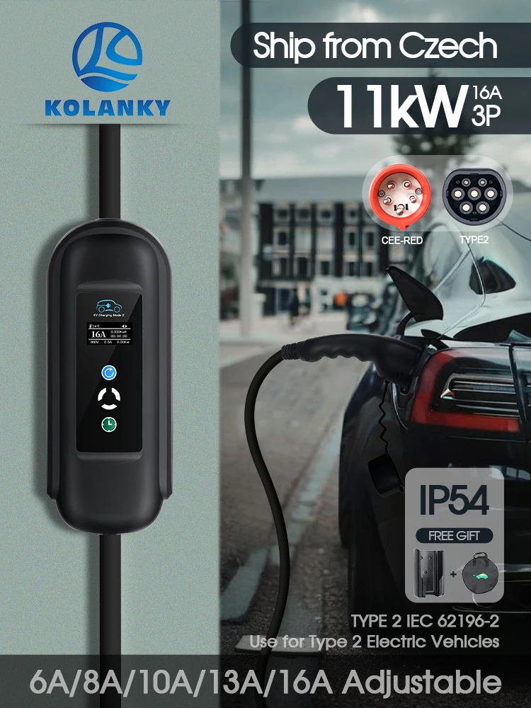 Kolanky Tragbares EV-Ladegerät Einstellbar 16A 11KW Typ 2 IEC-62169 Timer 1-15 Stunden Laden Elektrofahrzeuge Gesamt 10M