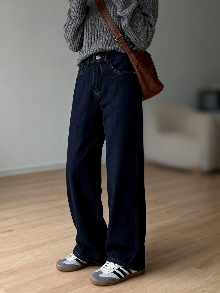 

Женские джинсы с высокой талией, утепленные, прямого кроя, универсальные, осенне-зимние, хлопковые, в стиле ретро, модные