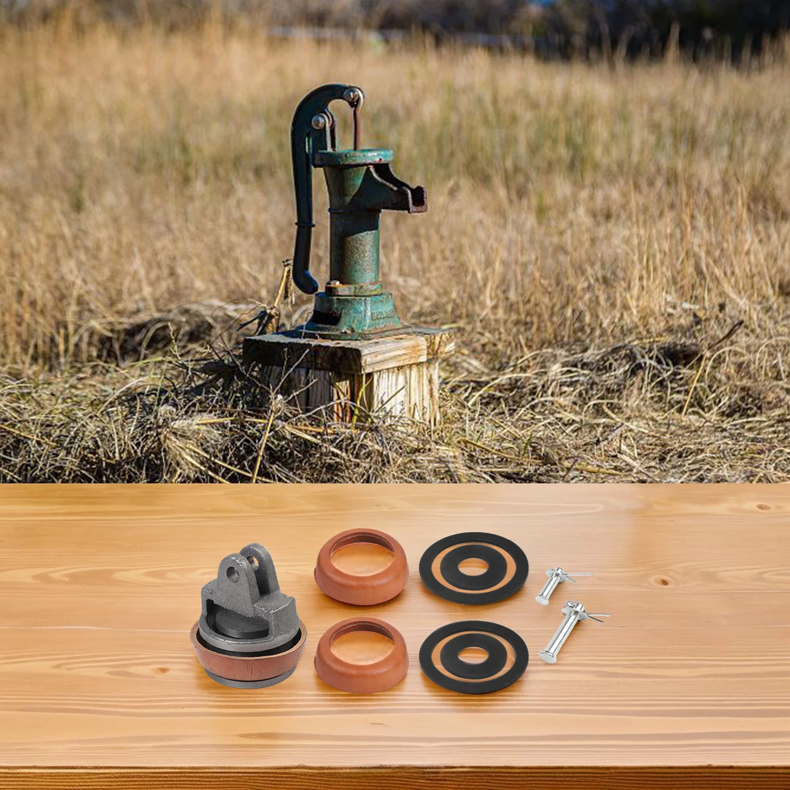 

Комплект для замены ручных насосов типа 75, включающий кожаные уплотнительные кольца, чугунные детали для поршней, резиновые прокладки и болты.