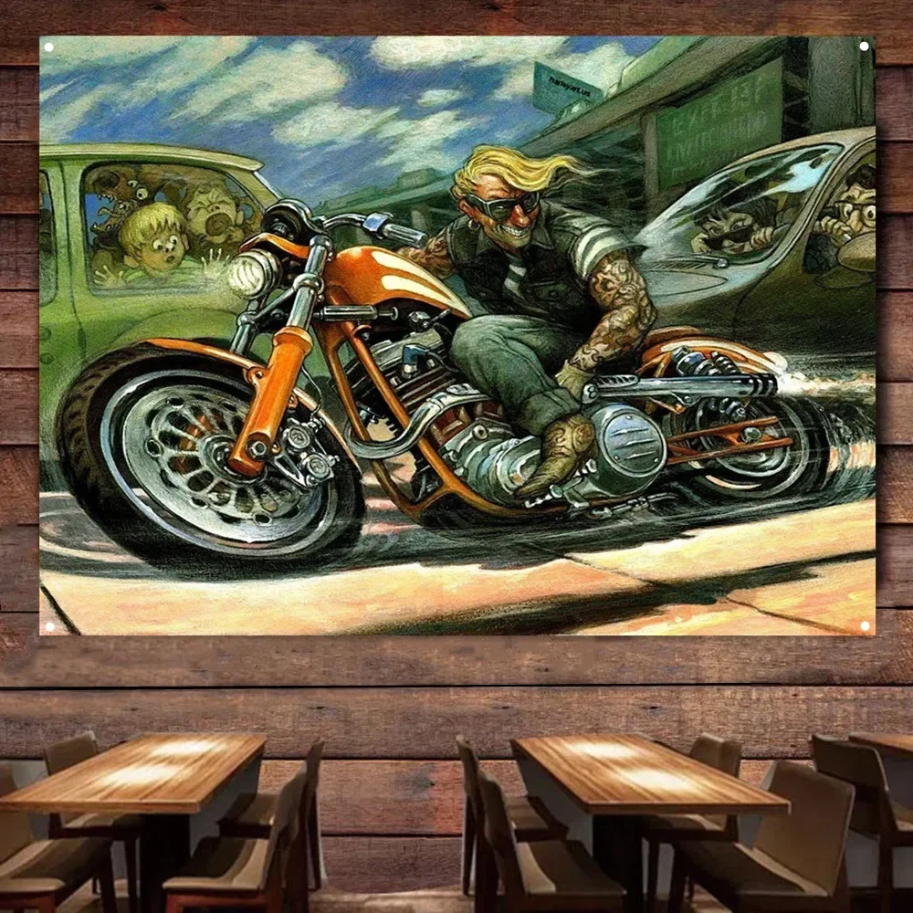 Baiker Art Motorcycle Flag Tapestry Banner Motor Rider Wall Decor Poster Vintage Sign Motor Car Painting For Garage Man Cave