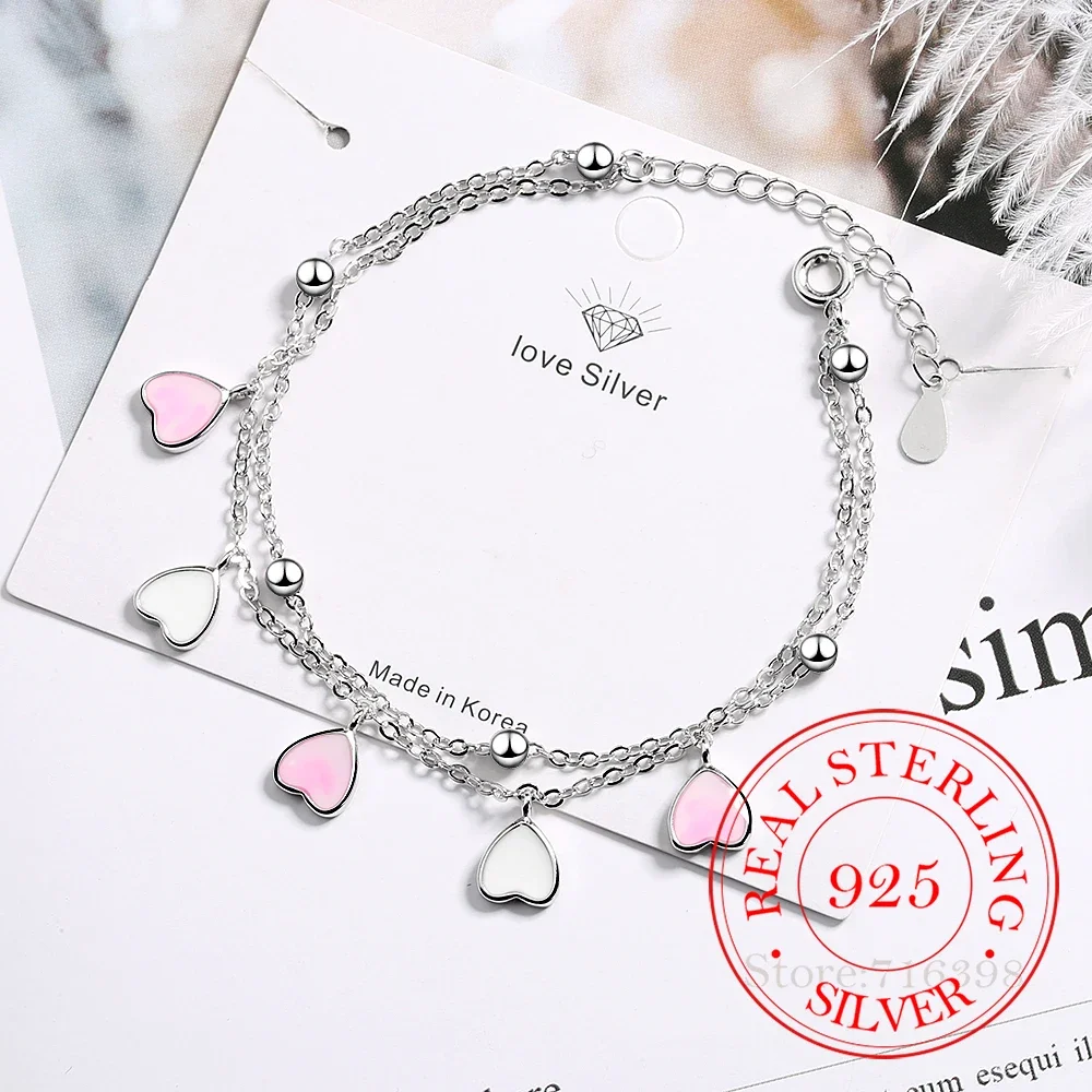 New 925 Sterling Silver Bracelets For Women Pink Glaze Cherry Blossom Petals Gradient Heart Shaped Double Layer Chain