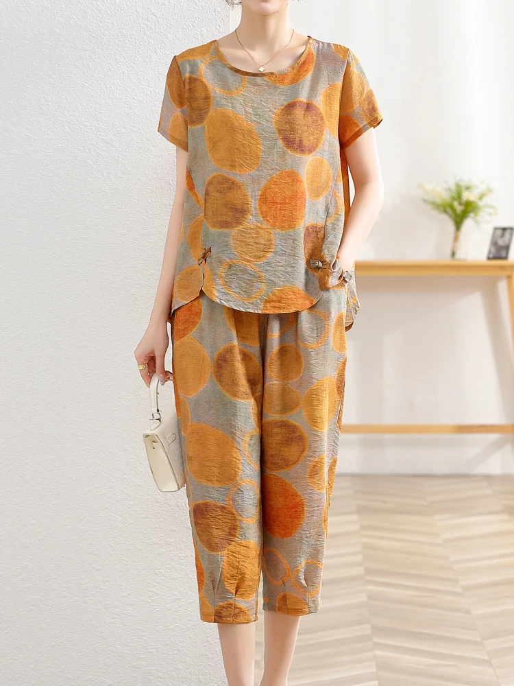 

Dot Print Set 2025 Summer Short Sleeve Top Cotton Linen 2 Piece Sets Woman Outfit Pants Sets
