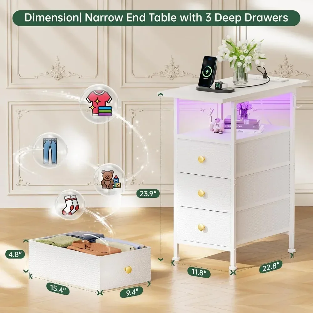 Narrow Side Table with 3 Fabric Drawers and Shelf, Skinny Nightstand with LED Light, Slim Bedside Table for Bedroom