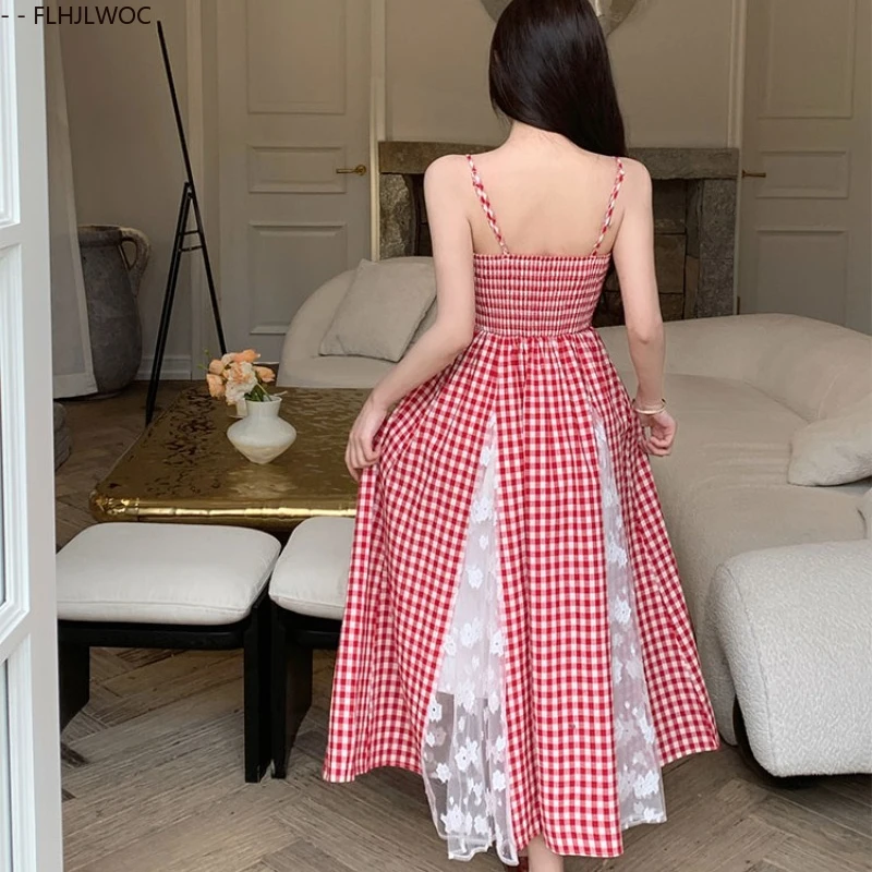 Vestidos a cuadros rojos de estilo francés, nuevo diseño, bonito y dulce para mujer, vestido sin mangas de malla transparente de encaje blanco con tirantes finos