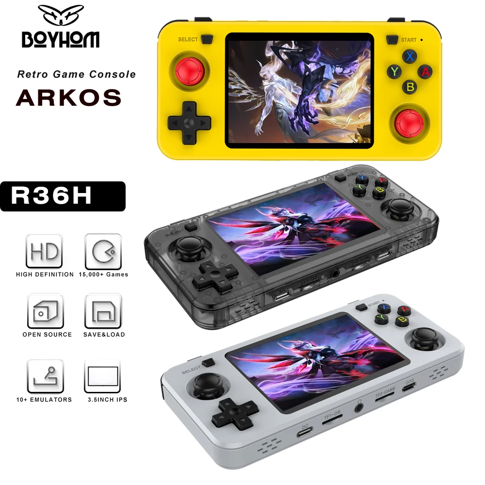 

Портативная игровая консоль BOYHOM R36H в ретро-стиле, желтая, с IPS-дисплеем 3,5 дюйма, RK3326, 3000 мАч, на базе Open Linux, портативный видеоплеер