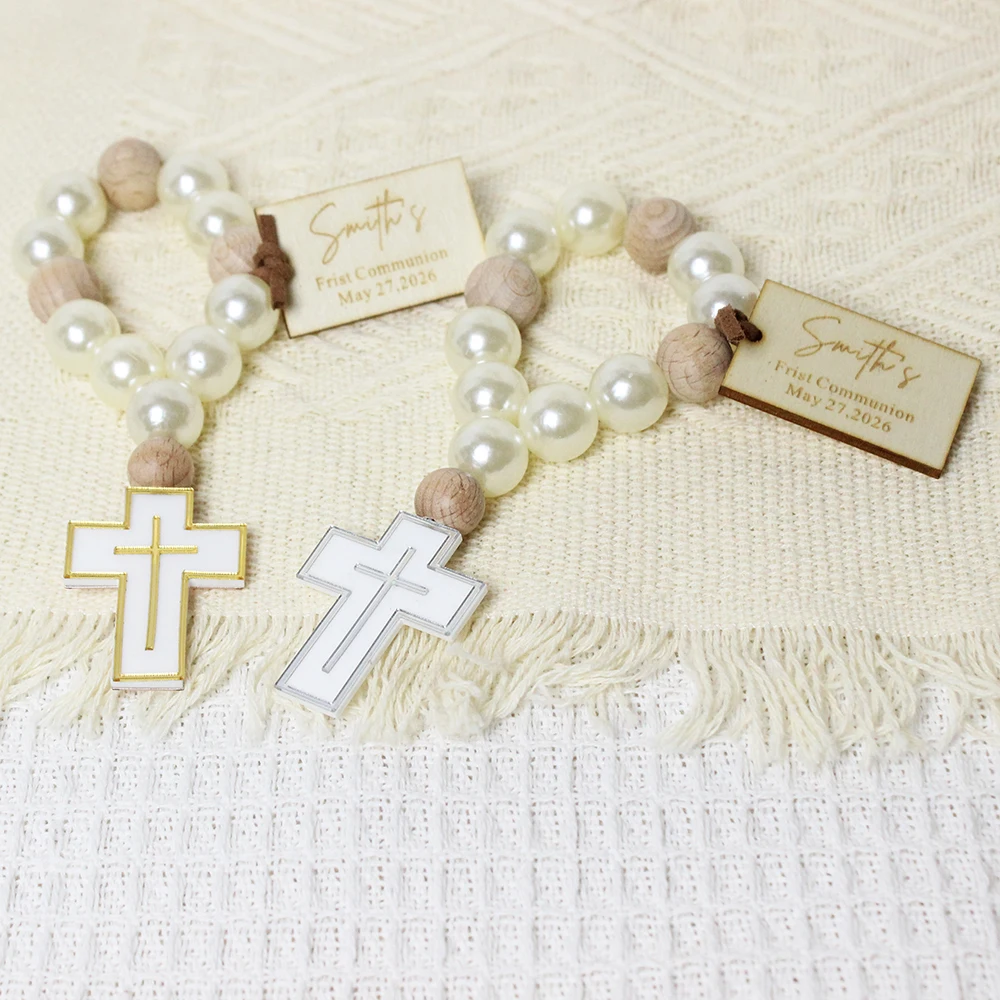 10/15/20/50pcs Personalized Cross Wooden Rosary Favor Baptism Communion Favors Wood Tags Bulk Christening Guest Favors