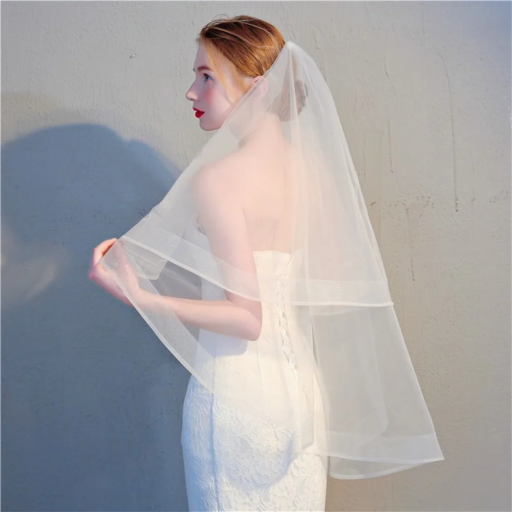 Simple Double Layer Bridal Veil Elastic Tulle Fingertip Veil with Pencil Edge for Wedding Accessories Women's Wedding Dress
