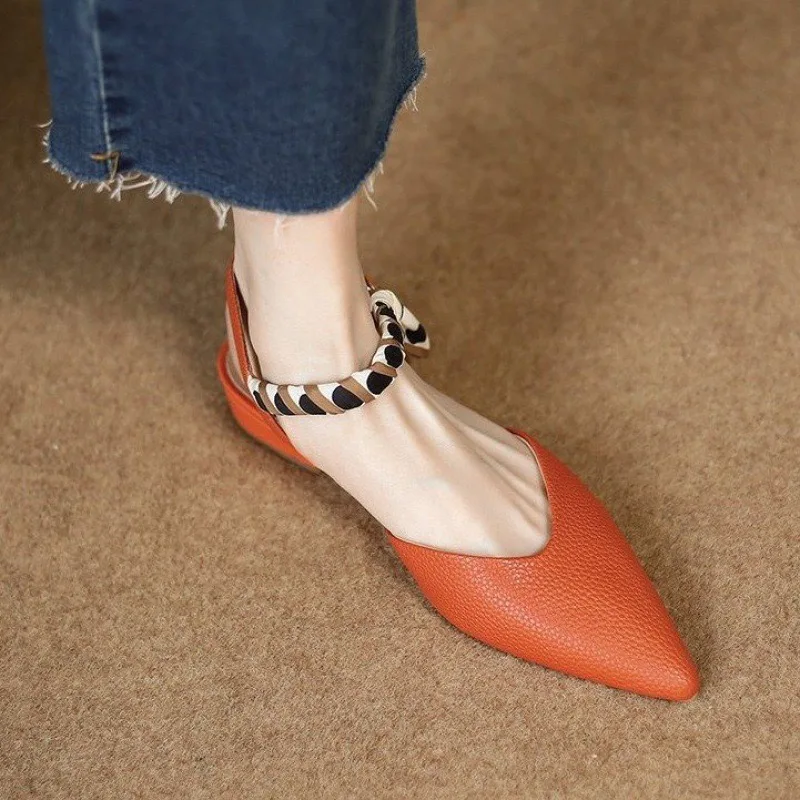 Slippers Mules Women Sandals Pointed Toe Low heel Luxury Slippers Clothes Elegant Party Korean Orange Slingback Sexy Woman Shoes