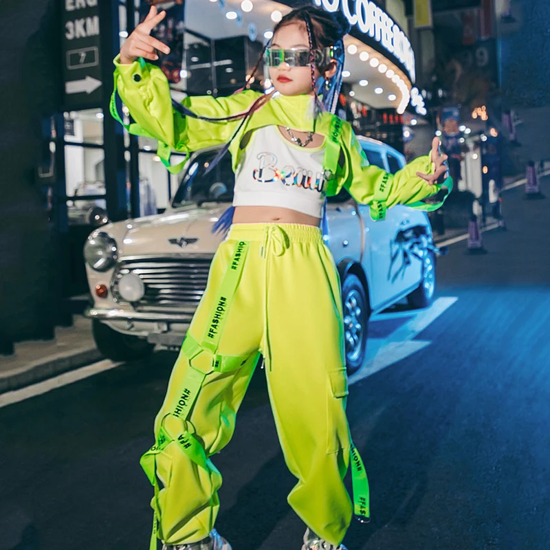 Kids Stage K-pop Outfits Hip Hop Clothes Shiny Fluorescent Green Suit Jazz Street Dance Costumes Show Performance Wear XS5320