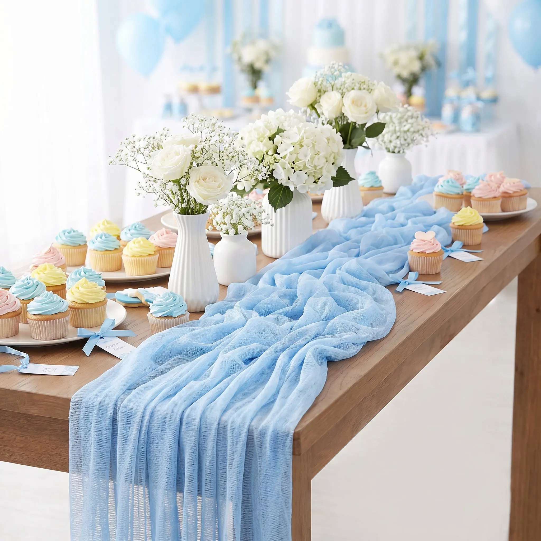 3Pcs Table Flag Decorative Gauze Runner Soft Tulle Sheer Wedding Party Birthday Baby Shower Centerpiece Reception Banquet Decor