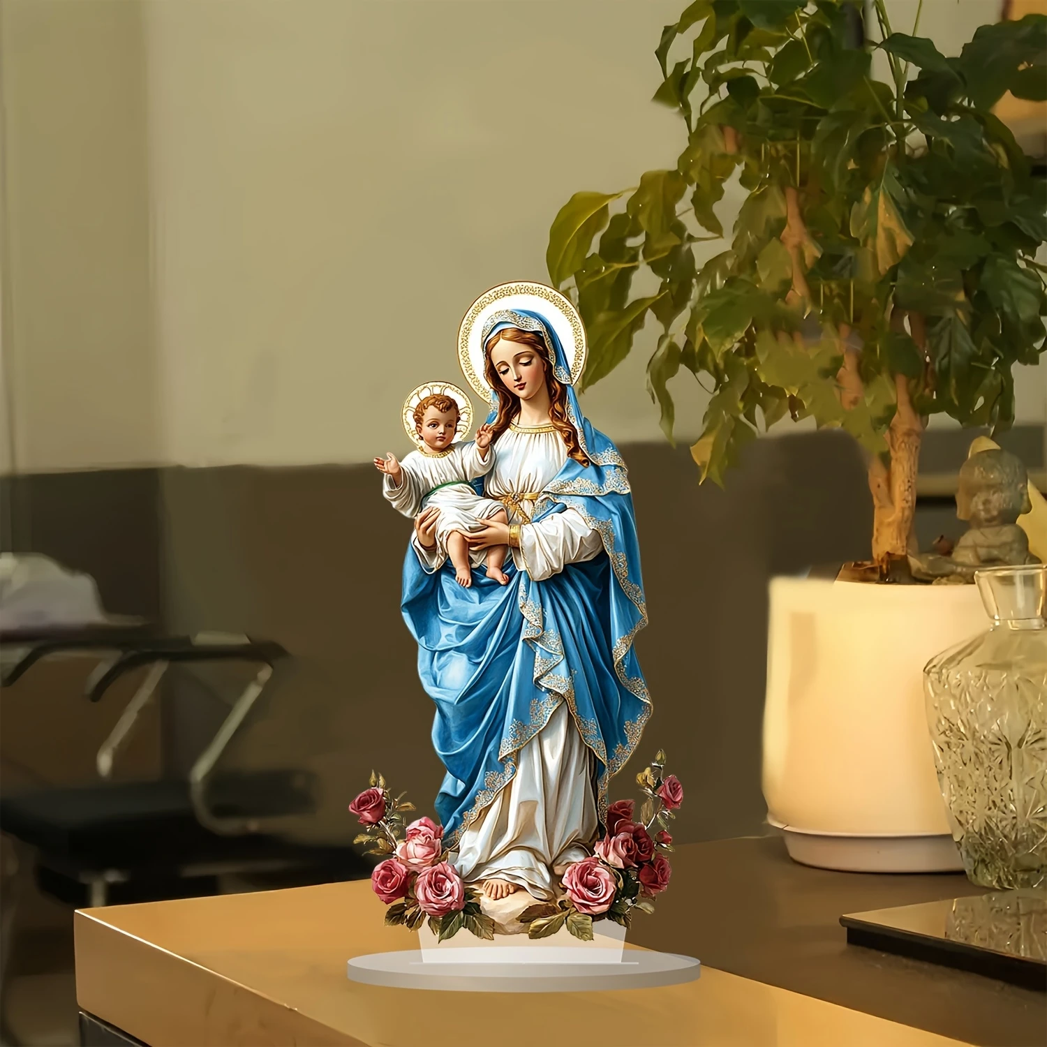 Retro Virgin Mary & Angel Flower Acrylic Sacred Christian Home Decor 2D Desktop Decoration for Religious Festival Gifts