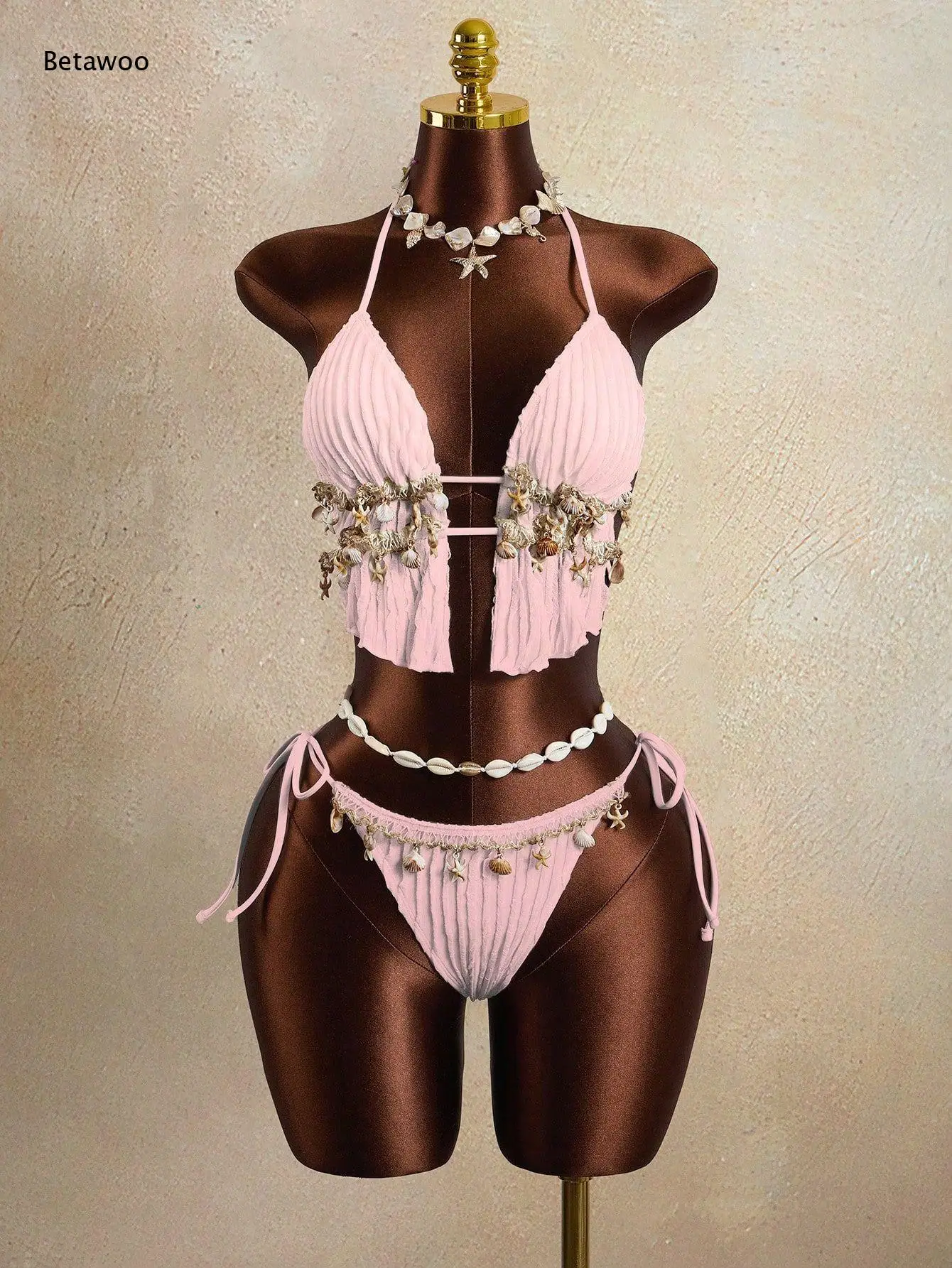 Women Halter Neck Two Piece Bikini Set Shell Decoration Ribbed Fabric Drawstring Side Swimwear