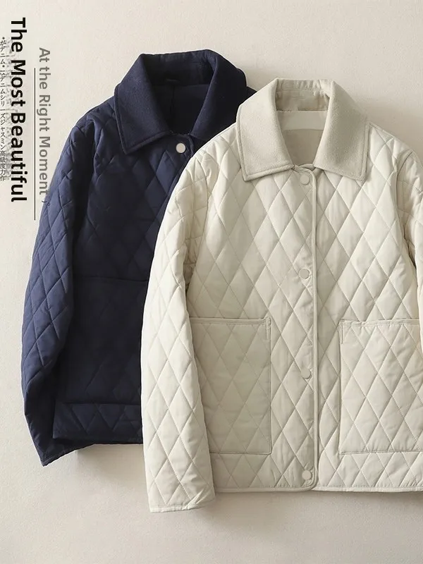 

Скандинавский коврик Sle с ромбовидной строчкой, женский тюжетный шерстяной воротник, хлопковое пальто с подкладкой, художественный свободный крой