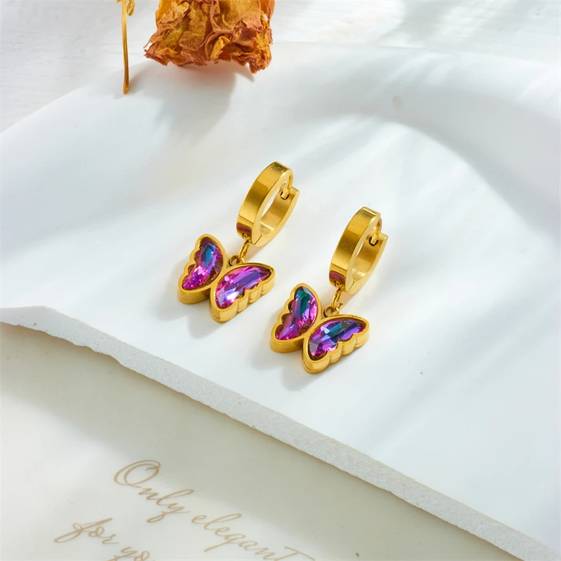 DIEYURO 316L Stainless Steel Butterfly Pentagram Colorful Purple Crystal Earrings For Women Girl Luxury Jewelry Holiday Gift