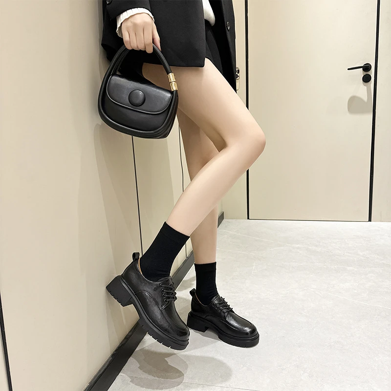 

Women Leather Oxford Shoes New Round Toe Lace Up Low Platform Sole In Black And Brown For Casual And Office Wear Fashion