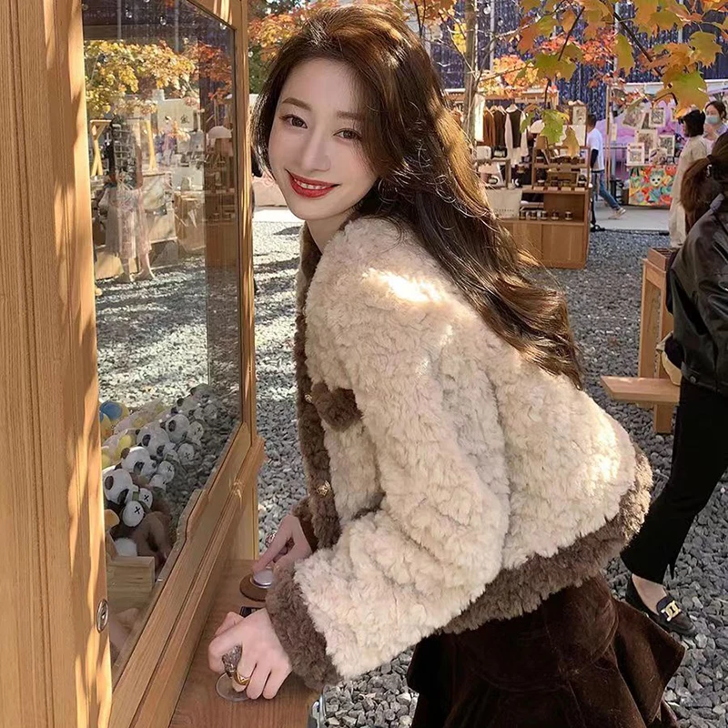 خمر المرقعة المحاصيل معاطف النساء فو الفراء كم طويل زر فضفاض سترة قصيرة عطر صغير كل مباراة س الرقبة بلايز عادية #5