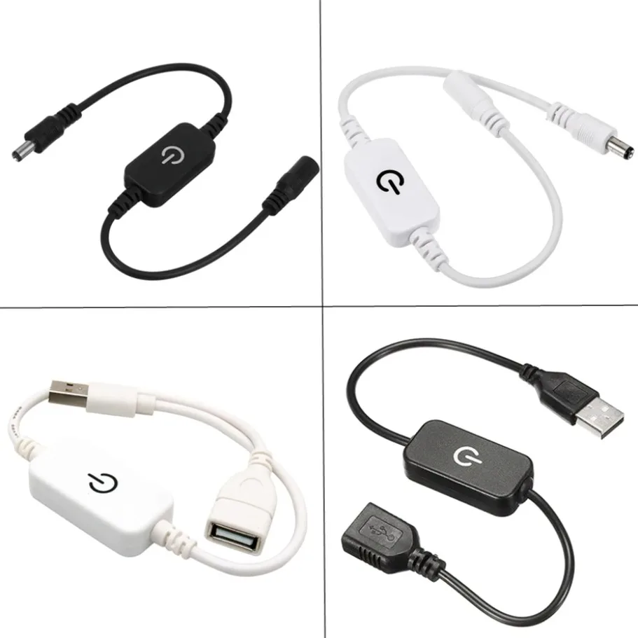 DC 5V-24V LED Touch Dimming Switch 0-100% Dimming DC USB Female To Male Extension Cord ON OFF Light Strip Controller White Black