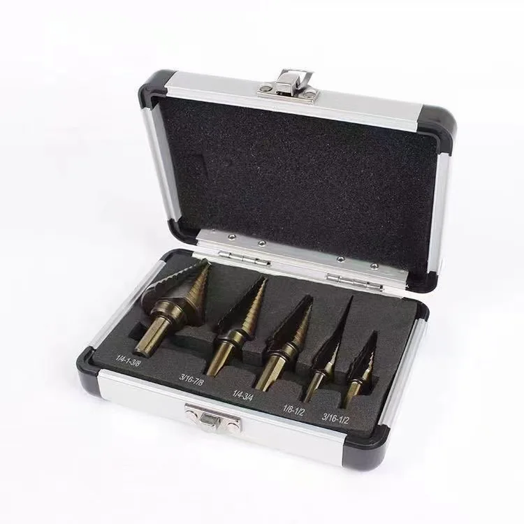Stufenbohrer-Öffnungswerkzeug 5-teiliges Aluminium-Box-Set Hochgeschwindigkeits-Bohrer ​ ​ Stahl-Metall-Pagoden-Bohrer für Zentrierbohrungen – Detail 11