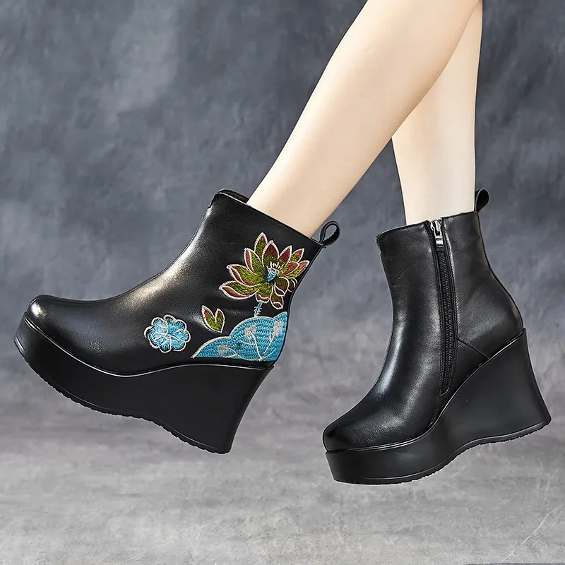 ZXRYXGS Top Layer Cowhide Embroidery Women Fashionable Boots 2024 Popular Spring Ultra High Heels Wedges Boots Trend Shoes Boots