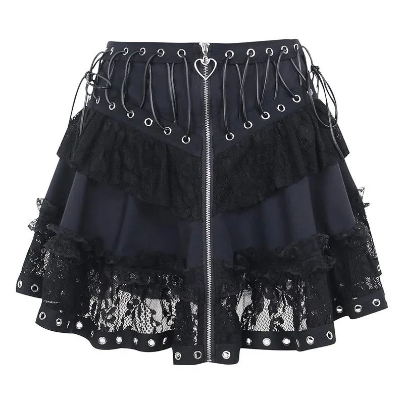 Women's Gothic Steampunk Punk Grunge Front Zipper Layered Skirt Lace Up Ruffle High Waist Mini Skirts Streetwear