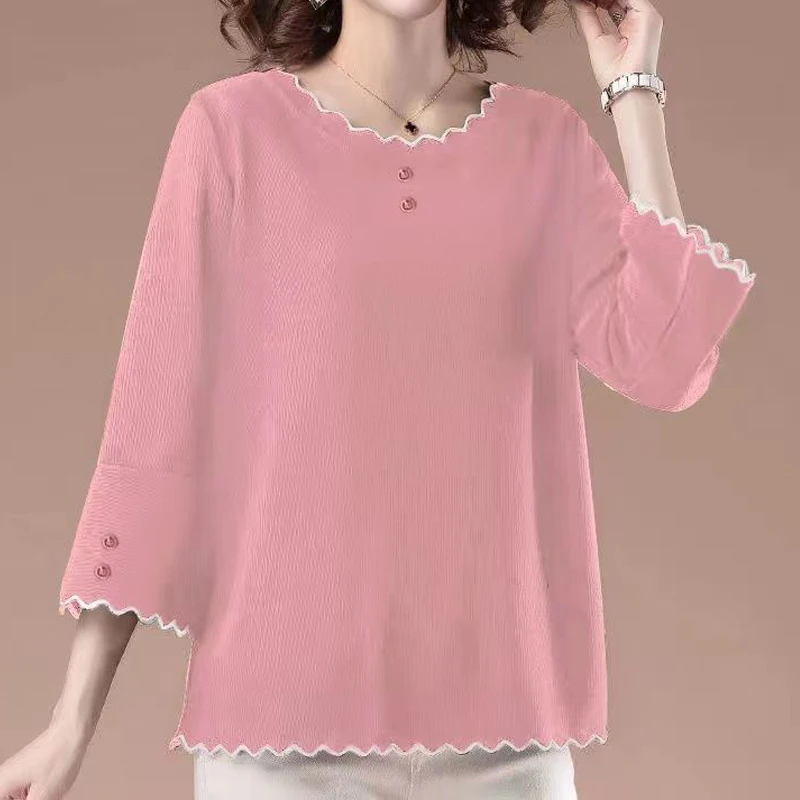 6XL Soft Elegant Women Spring Summer Shirts Lady Fashion Casual 3/4 Sleeve O-Neck Collar Solid Color T-shirt Button Pullover Top