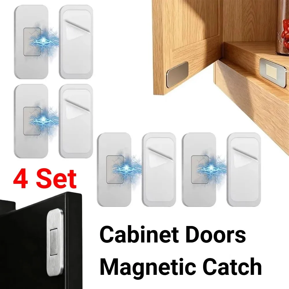 4 Set Ultra-Thin Magnetic Cabinet Door Catch Self-Adhesive No Drill Cabinet Catch Quiet Closure Stainless Steel Drawer Closer
