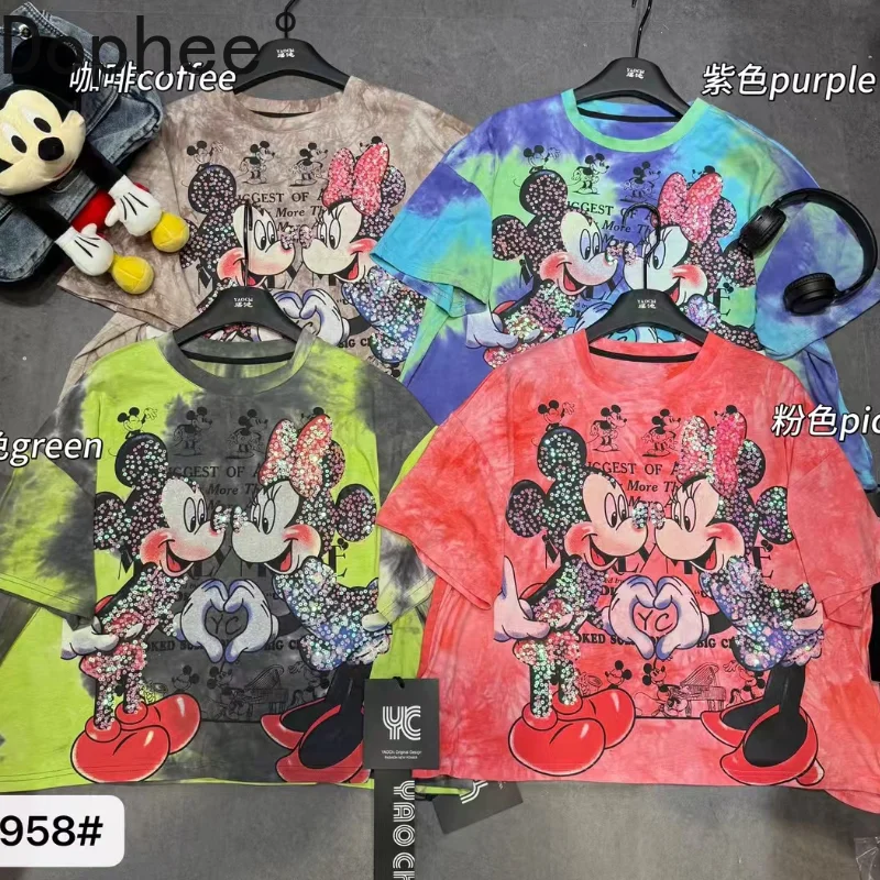 

Tie-dye Sequins Cartoon Loose Short Sleeve T-shirt All-match Spring Summer Students Cotton Basic Top All-match Women Casual Tees