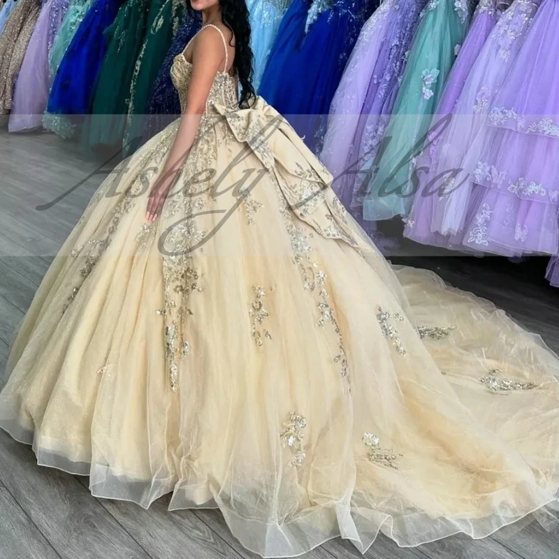 NW109 spersonalizowana księżniczka 14 15 dziewczynka Quinceanera piłka suknia wieczorowa dekolt w szpic kokarda długie kobiet na imprezę bal urodzinowa sukienka Vestido xv Anos