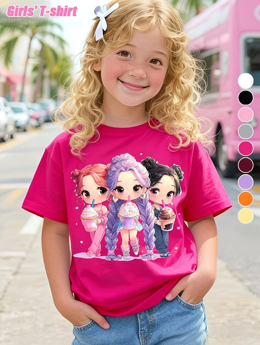 Summer Kpop Popular Cartoon Print Children's Design Casual Harajuku Style Round Neck Short Sleeved Top Fans Gifts Kids Clothes