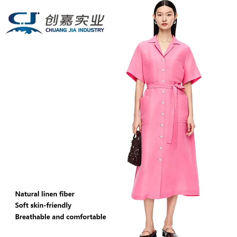 Natural Linen Lady's Dress Short-sleeved Collar Single-button Mid-length Dress Elegant in Style, Suitable for Outdoor Leisure