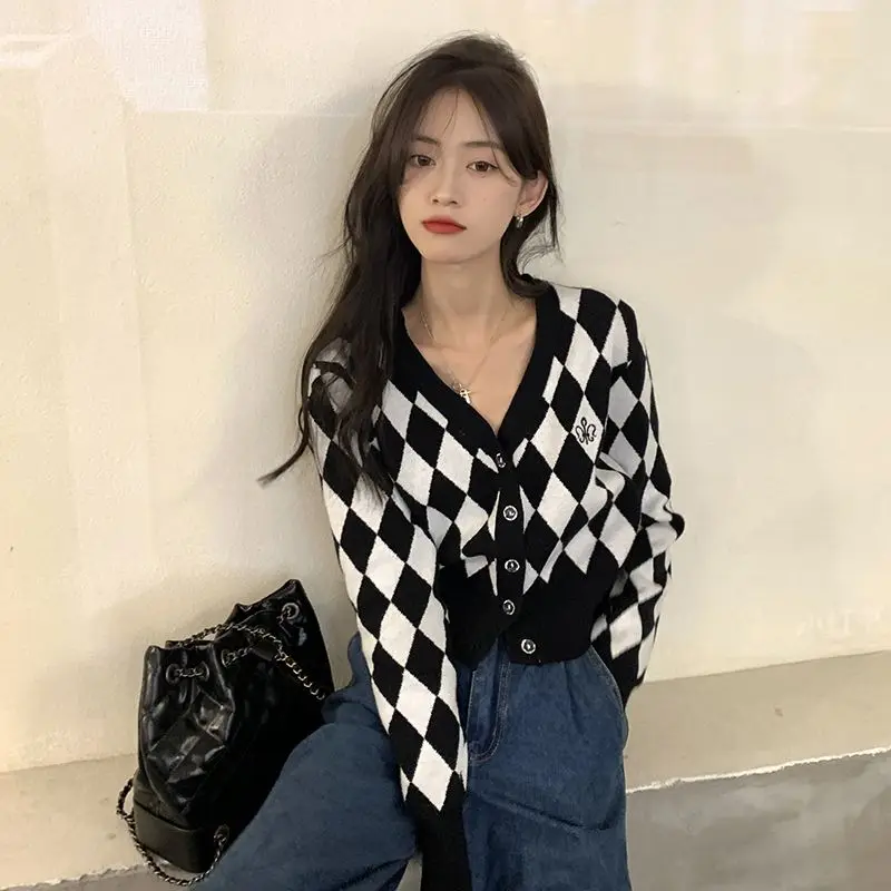 Korean Style Spring Autumn Black White Checkerboard Patterns Knit Cardigans Outerwear Women\'s Sweater Preppy Style Students Coat