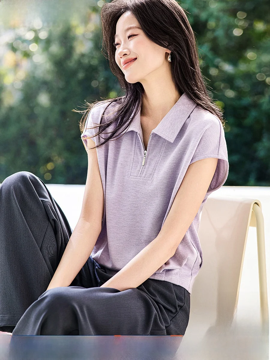 

Mo Han Mei Golf irt Summer New Comfortable Pique Casual Turn-down Collar Cap Sve Women's Breathable ort Sve...
