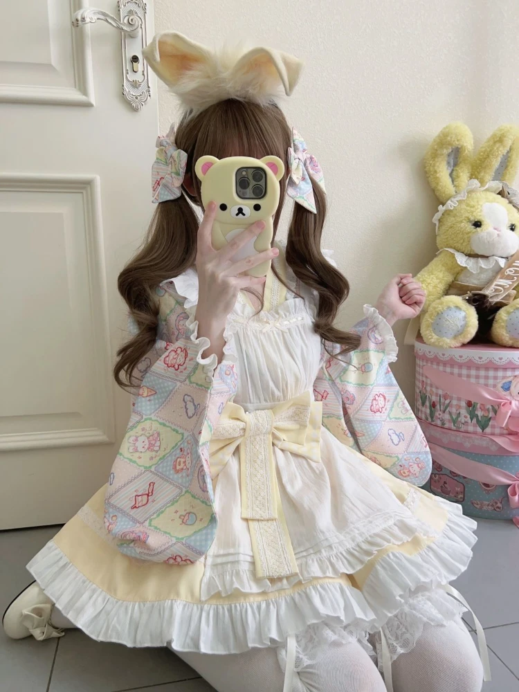Japanese Sweet Suger Girl Lolita Dresses Cute Heaty Maid Summer Skirt Shirt Apron Bow Tie Sets Jsk Cosplay Outfits Spring Fall